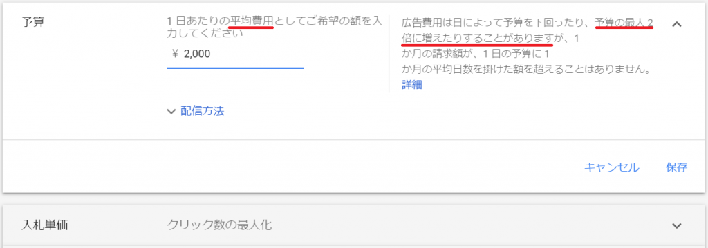 キャンペーン設定の予算画面